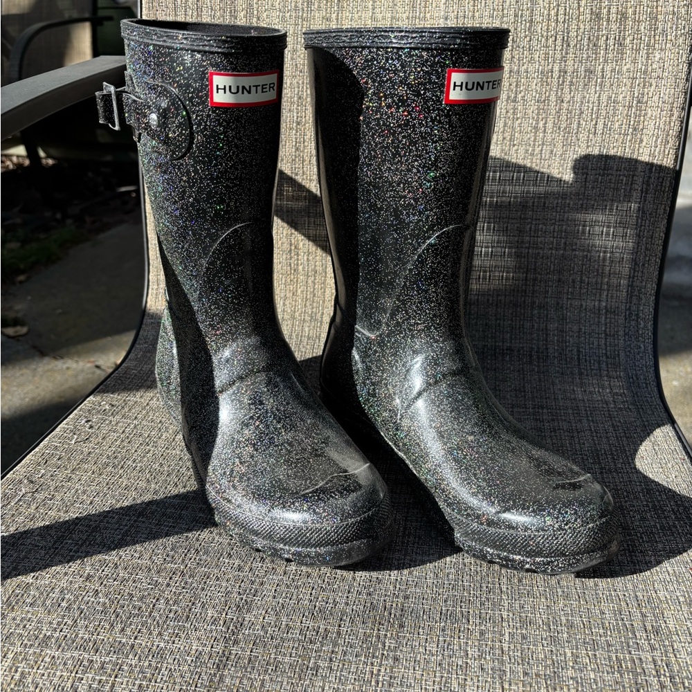 Hunter Black Glitter Tall Rain Boots with Holographic Sparkle